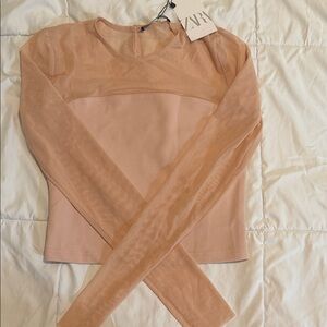 Zara Women's Sheer Long Sleeve Bodysuit - Peach